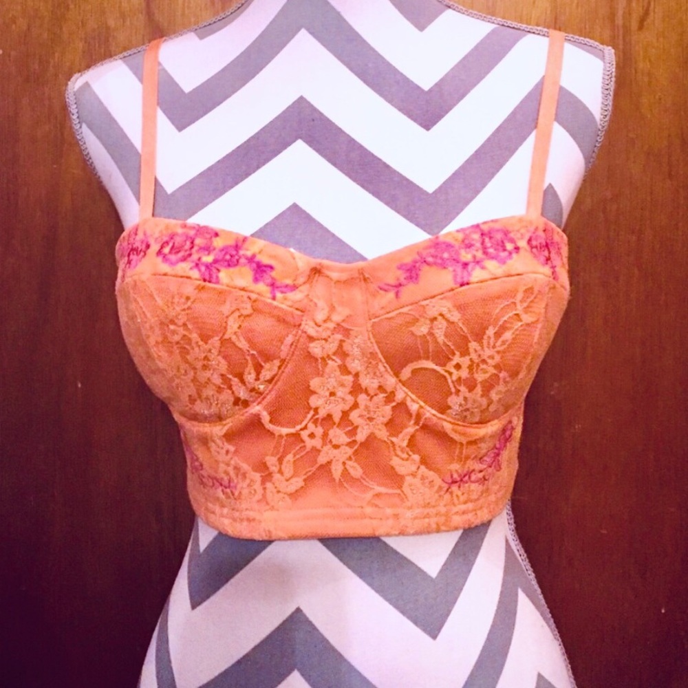 NWOT orange CROP TOP bustier lace and pink floral